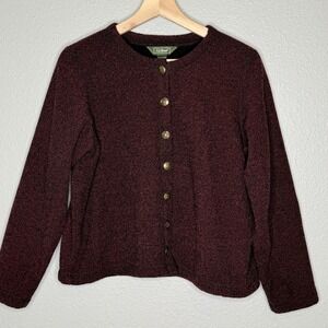 VTG LL Bean 90s Burgundy Sweater Fleece Cardigan Star Buttons Womens Cozy Small